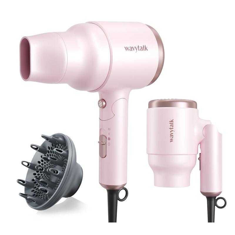 Wavytalk Blow Dryer with Diffuser, Mini Hair Dryer with Folding Handle, 1600W Quiet Lightweight Hairdryer with Diffuser Compact Design, Pinky White