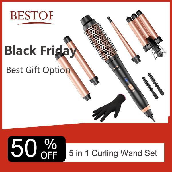 BESTOPE PRO  5 in 1 Curling Iron Curling Wand, Curling Iron Set with A Thermal Brush, A 3-Barrel Hair Crimper Iron, 3 Ceramic Curling Irons (0.35 