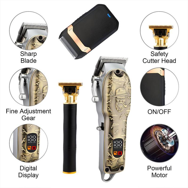 Professional Hair Clipper Razor & Trimmer Set for Men, 1 Box Usb Rechargeable Haircut Kit with LCD Display, T-blade Electric Trimmer, Hair Care Product for Men, Barber Kit, Barber Clippers, Hair Cutting Machines