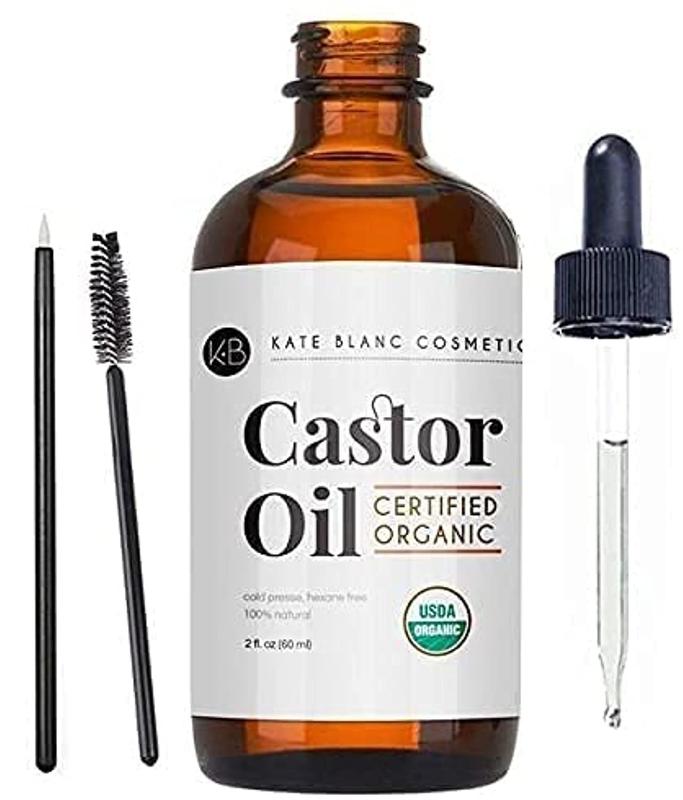 Kate Blanc Cosmetics Castor Oil (2oz), USDA Certified Organic, Pure, Cold Pressed, Hexane Free Stimulate Growth for Eyelashes, Eyebrows, Hair. Skin Moisturizer & Hair Treatment Starter Kit