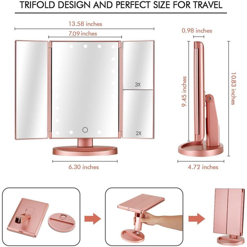 Tri-fold Lighted Vanity Makeup Mirror with 3x 2x Magnification,21 Light and Touch Screen,180 Degree Free Rotation Countertop Cosmetic Mirror,Travel