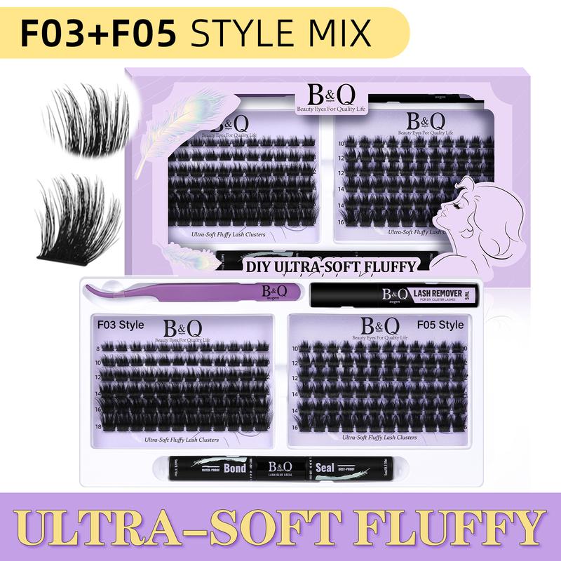 B&Q LASH l Ultra-Soft F03+F05 Kit l 144pcs Ultralight Fluffy Wispy Lash Clusters,Lash Bond & Seal, Applicator Tool (10-18MIX) for DIY Lashes Extension, Waterproof Long Lasting Makeup Cosmetic