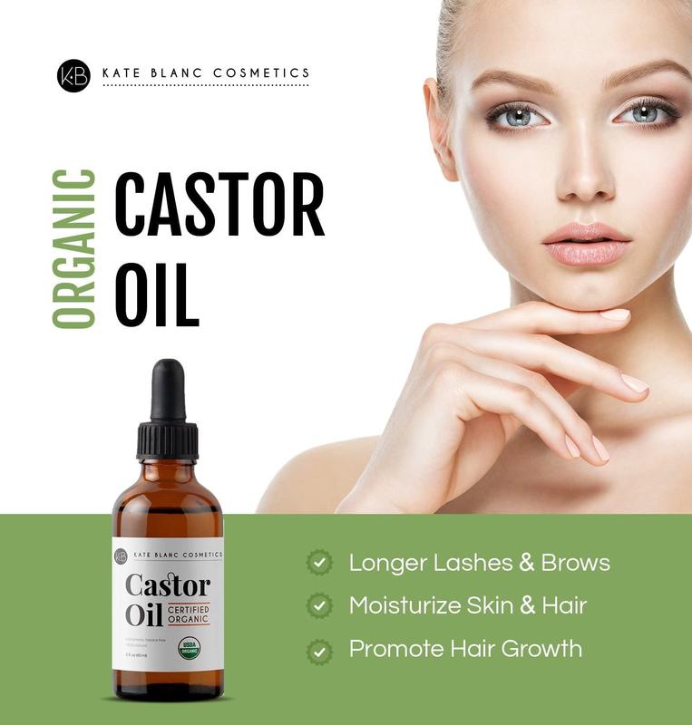 Kate Blanc Cosmetics Castor Oil (2oz), USDA Certified Organic, Pure, Cold Pressed, Hexane Free Stimulate Growth for Eyelashes, Eyebrows, Hair. Skin Moisturizer & Hair Treatment Starter Kit