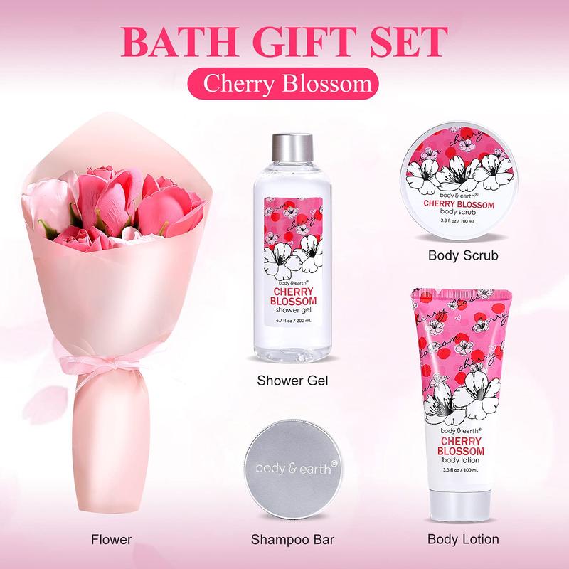 Cherry Blossom Scent Spa Gift Set for Women - 5 Piece Body Care Kit with Shower Gel, Scrub, Lotion, Soap & Rose Flower - Comfort