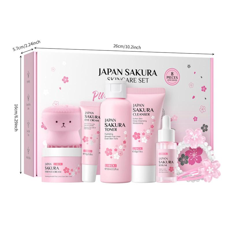 Sakura Skin Care Kit, 8 Counts set Moisturizing Facial Skincare Set, Including Facial Cleanser, Toner, Serum, Cream, Eye Cream, Face Brush, Hair Clip and Tie, Skin Care Gift Set, Christmas Gift