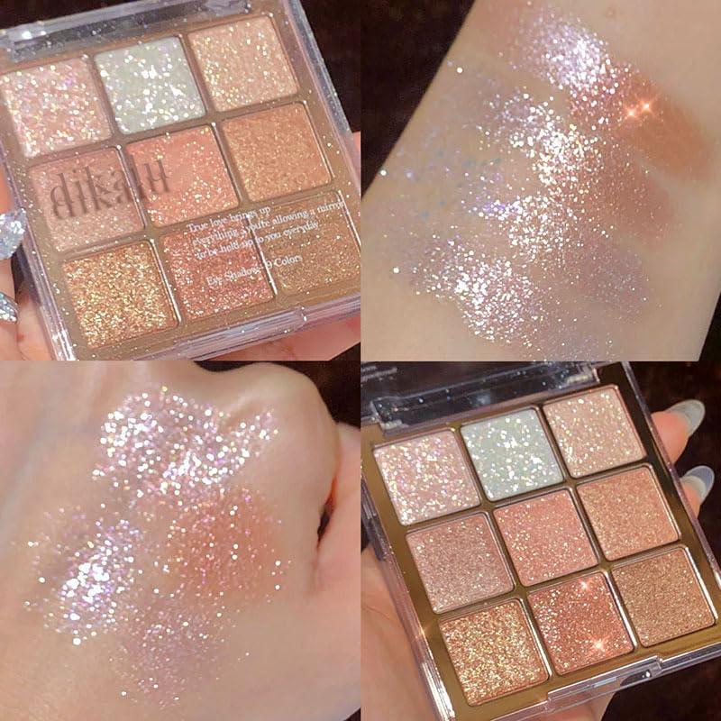 9 Colors Glitter Shimmer Eyeshadow Makeup Palette, Korean Natural Neutral Eye shadow Palettes Highly Pigmented Long Lasting Waterproof Blendable sombras para ojos Pink White Golden Brown #13