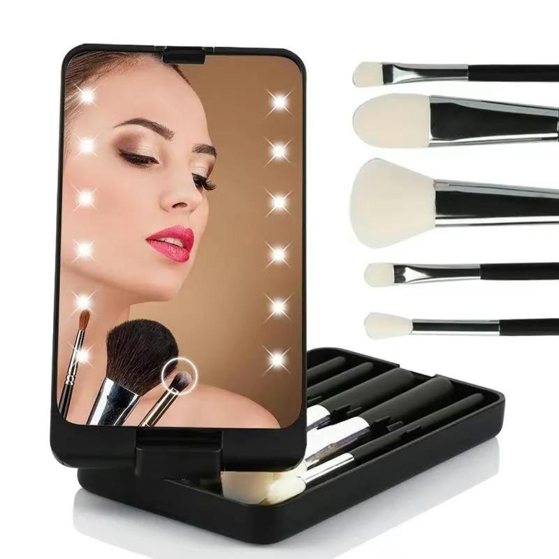 Portable Makeup Brush & Lighted Makeup Mirror Set, 6 Counts set Including 1 Count LED Compact Travel Makeup Mirror & 5 Counts Makeup Brushes, Makeup Tools Set for Women