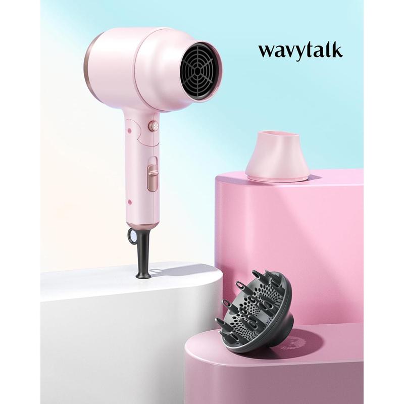 Wavytalk Blow Dryer with Diffuser, Mini Hair Dryer with Folding Handle, 1600W Quiet Lightweight Hairdryer with Diffuser Compact Design, Pinky White