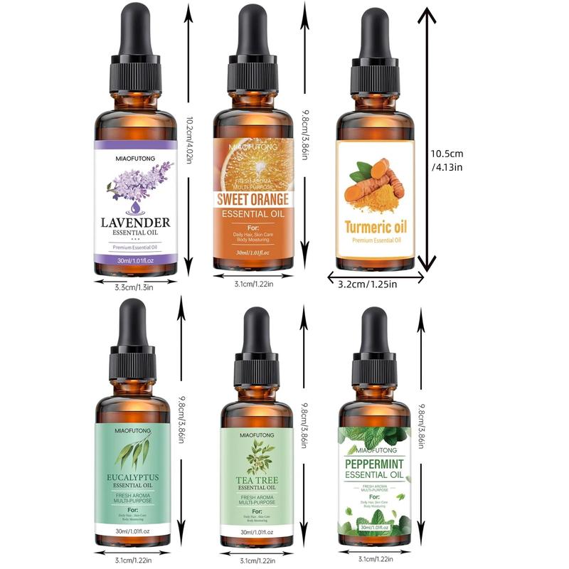 Essential Oil Set, 6 Counts set Turmeric & Orange & Lavender & Peppermint & Eucalyptus & Tea Essential Oil, Body Care Oil for Men & Women, Christmas Gift