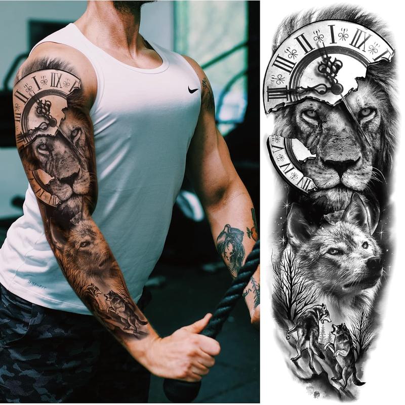 IN STOCKLion Wolf Temporary Tattoo Sleeve, Large Full Arm Animal Tribal Fake Tattoos Sleeve For Men Women Adult, Long Lasting Black Arm Temp Tatoo Sticker Leg Body Art Makeup, 4-Sheet