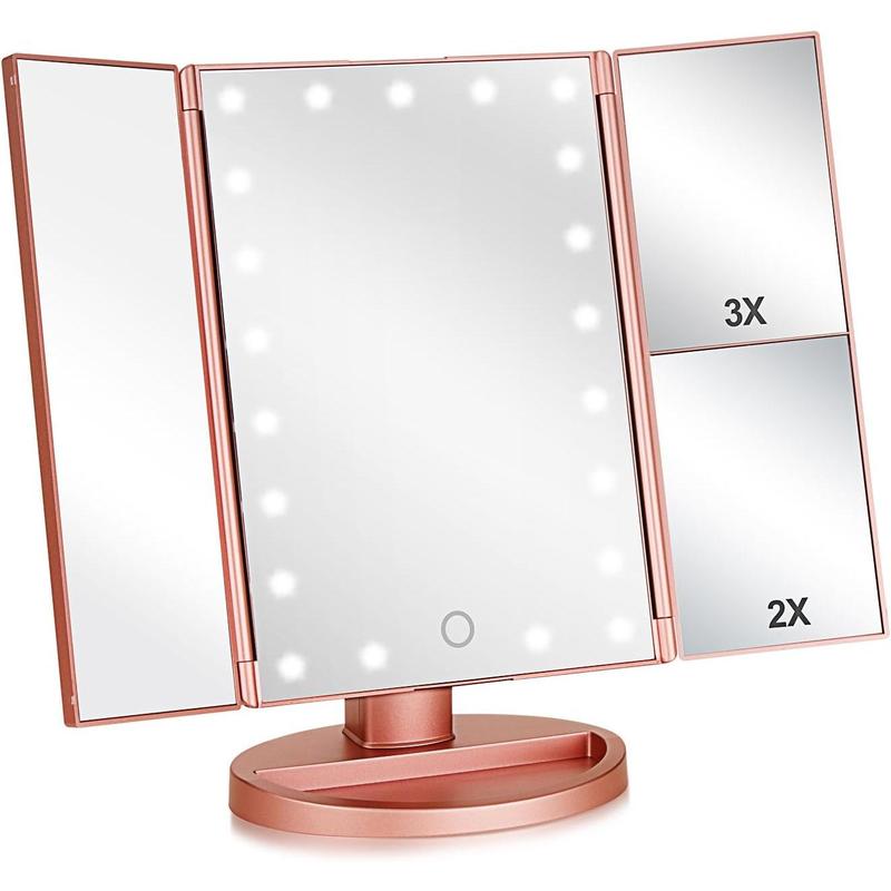 Tri-fold Lighted Vanity Makeup Mirror with 3x 2x Magnification,21 Light and Touch Screen,180 Degree Free Rotation Countertop Cosmetic Mirror,Travel