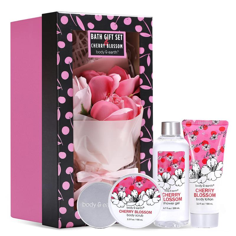 Cherry Blossom Scent Spa Gift Set for Women - 5 Piece Body Care Kit with Shower Gel, Scrub, Lotion, Soap & Rose Flower - Comfort