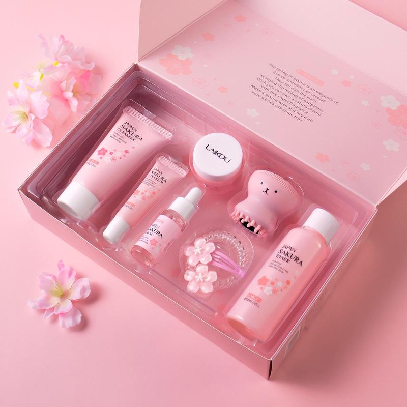 Sakura Skin Care Kit, 8 Counts set Moisturizing Facial Skincare Set, Including Facial Cleanser, Toner, Serum, Cream, Eye Cream, Face Brush, Hair Clip and Tie, Skin Care Gift Set, Christmas Gift