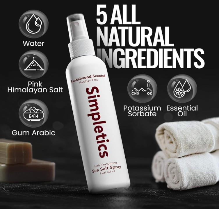 Simpletics - Sea Salt Spray - Texturizing Product for Fluffy, Voluminous Hair, 5 Simple Ingredients - 8oz