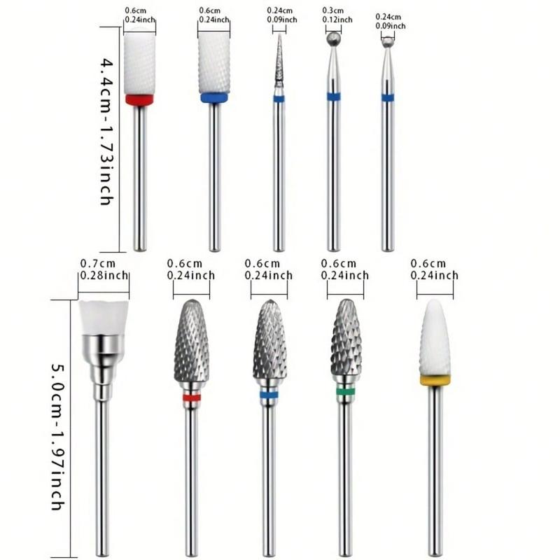 Nail Drill Bits Kit, 10pcs Tungsten Steel Ceramic Nail Art Grinding Head Set for Electric Nail Drill Machine, Professional Manicure & Pedicure Tools