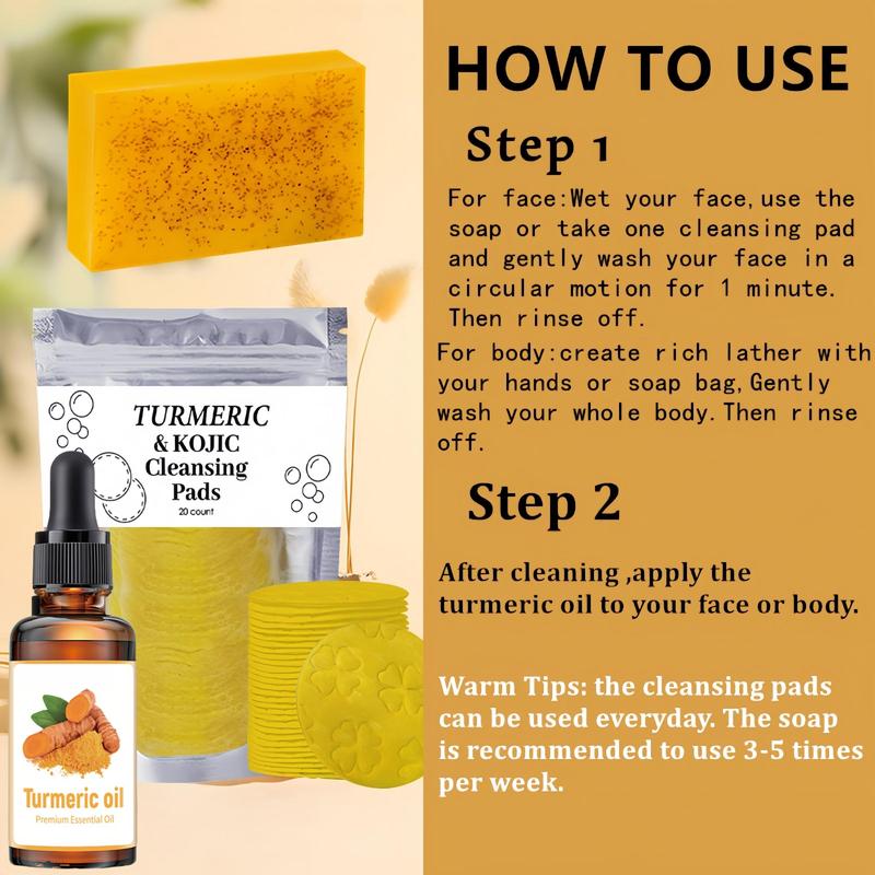 Turmeric Cleansing Set, 4 Counts set Including Soap & Cleansing Pad & Mousse Cleanser & Oil, Deep Cleansing & Nourishing Skin Care Kit for Women & Men, Christmas Gift