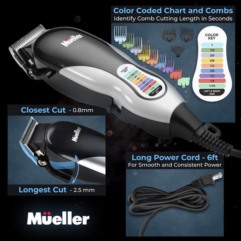 Mueller Ultragroom Hair Clippers for Men with 12 Colored Guide Combs, Adjustable Hair Trimmer, Trimmer for Hair, Beards, Head, Body, Durable Trim Kit