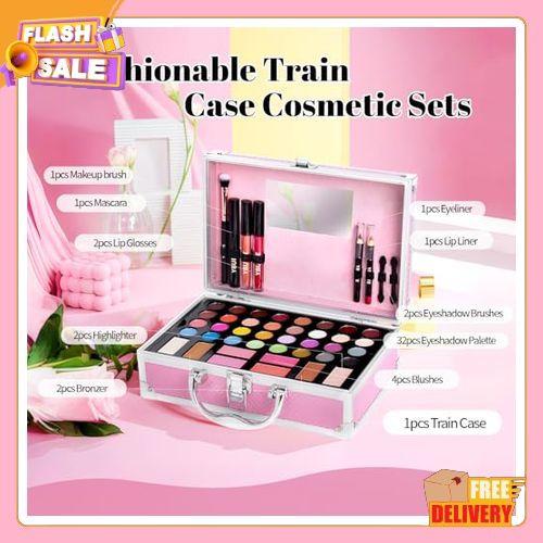 Beginner Makeup Kit for Teen,Makeup Set for Girl Women,Beginner Makeup Kit with Cosmetic Train Case Included 32 Colors Eyeshadow Blush Contour Lip Gloss Lip Liner Mascara Eyeliner Mirror