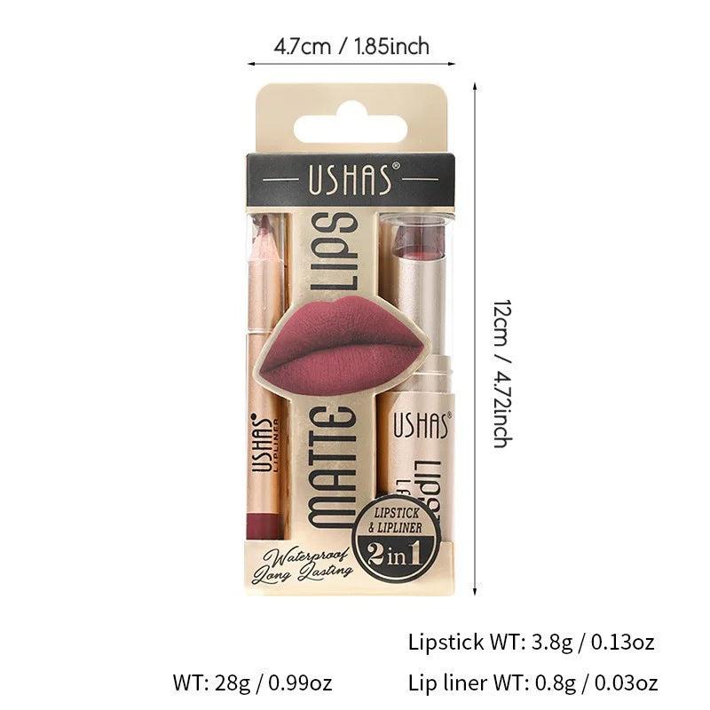 USHAS 12 Color Lip Liner + LIPSTICK Set Easy Coloring Matte Lipstick Long lasting nude red lipstick Gloss Lipgloss lipstick makeup lipstick glossy lip