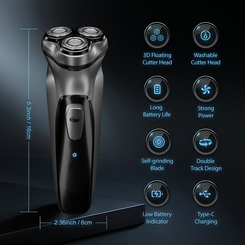 CHIN three-head electric shaver is superb. Three precision blades for a close shave. Ergonomic. Rechargeable and cordless. Waterproof. Sleek and durable. Ideal for daily use or travel.