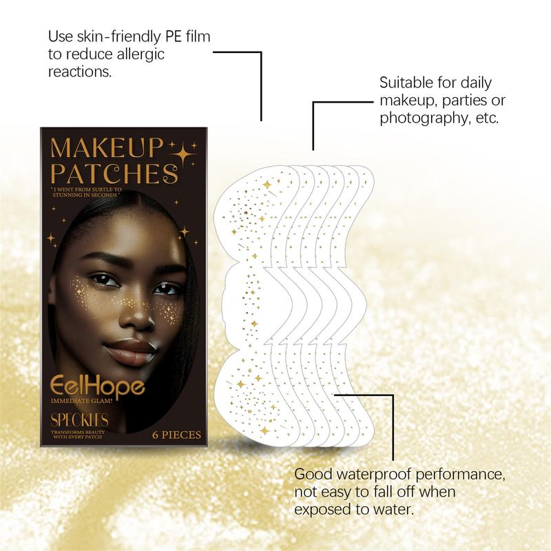 Women's Glitter Freckles Face Tattoos Set of 6 Temporary Long Lasting Natural Star Makeup Patches