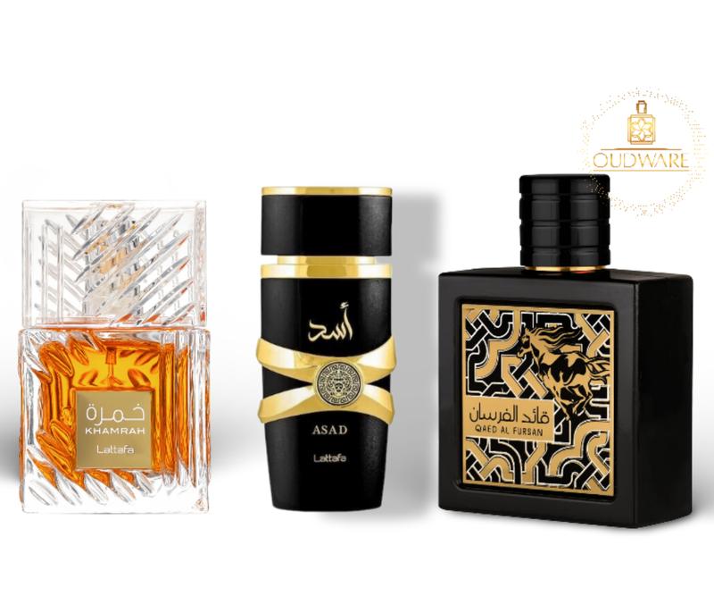 Lattafa Perfumes Asad + Khamrah EDP 100ml (3.4 Oz) & Qaed Al Fursan EDP 90ml (3.04 Oz) - Long Lasting Men's Fragrance Bundle -  Fragrance Value Bundle - Luxury Fragrance Gift Set For Men