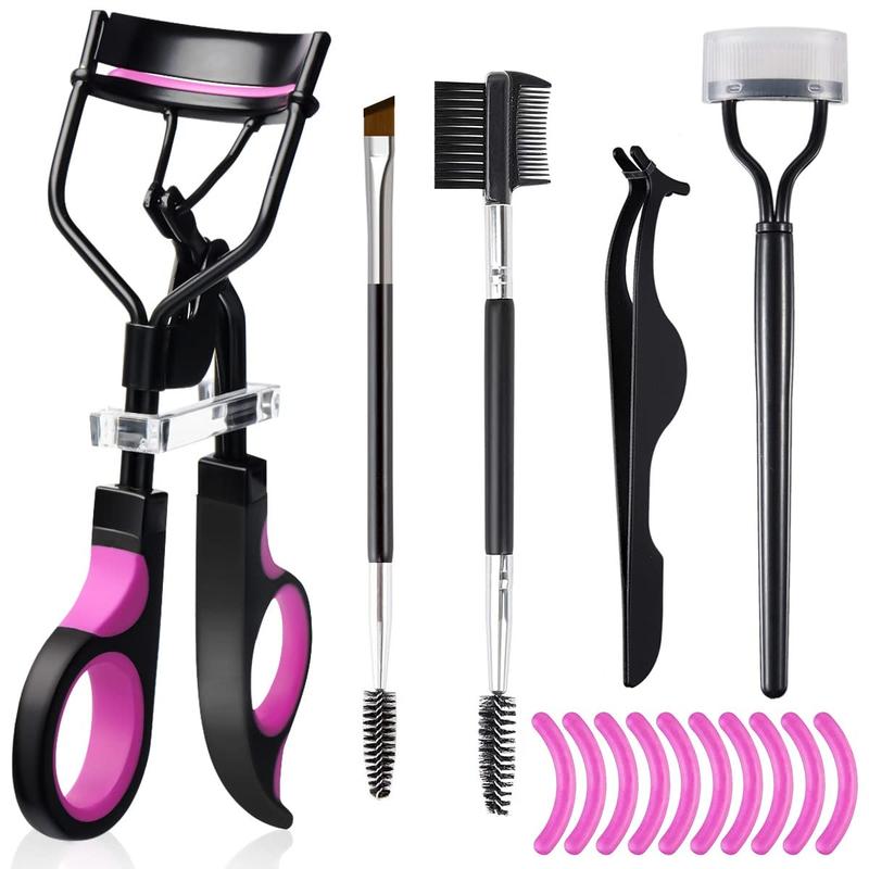 Eyelash Curlers Eyebrow Brush Kit for Women w Lash Curler, Eyelash Comb Seperator, Mascara Brushes, Eyelash Extension Tweezers, Angled Eyebrow Brush and Comb, 10 Silicone Refills Pads for Lash & Brow