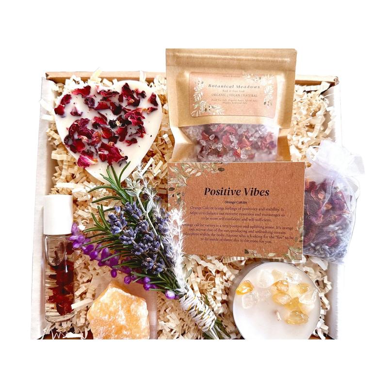 Positive Vibes Self-Care Gift Box | Botanical Organic Spa Mindfulness Crystals & Florals Care Package | Manifestation Set