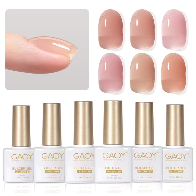 GAOY 6 Colors Builder Gel Set for Nails, Milky White Pink Nude Sheer Jelly Nail Strengthener, Soak Off Nail Extension Hard Gel, Rose Jelly, Base Coat Top Coat Needed