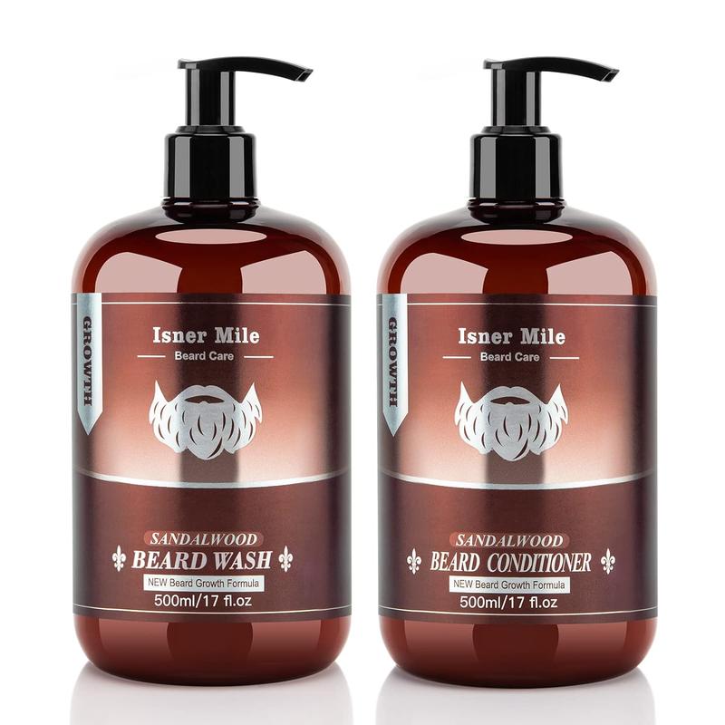 ISNER MILE Beard Wash & Conditioner Set 17 oz Men Beard Shampoo Conditioner Kit with Biotin Argan & Jojoba Oils Smooth Soften Strengthen Beard Shampoo Sandalwood Beard Oil Conditioner Christmas Father's Day Valentine's Day Gifts for Men Hair Care Comfort