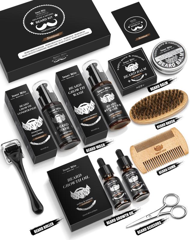 Beard Growth Kit, Beard Growing Kit, Beard Care Kit, Beard Grooming Kit with 2 Pack Beard Original Oil, Beard Brush, Wash Conditioner for After Shave Lotions- Sandalwood,Balm,Combs, Valentine's Day Christmas Fathers Gifts for Dad Men Boyfriend