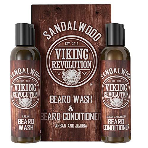 Viking Revolution Beard Wash & Beard Conditioner Set w Argan & Jojoba Oils - Softens & Strengthens - Natural Sandalwood Scent - Beard Shampoo w Beard Oil (5oz)