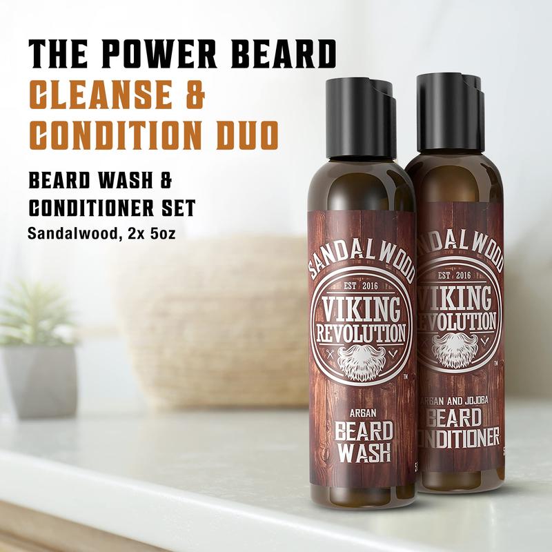 Viking Revolution Beard Wash & Beard Conditioner Set w Argan & Jojoba Oils - Softens & Strengthens - Natural Sandalwood Scent - Beard Shampoo w Beard Oil (5oz)